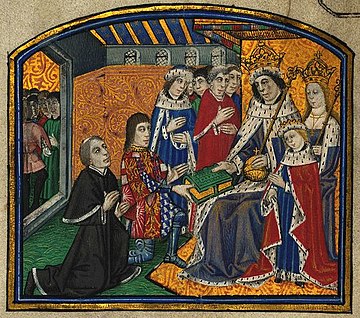 William Caxton and Anthony Woodville present their book to King Edward.